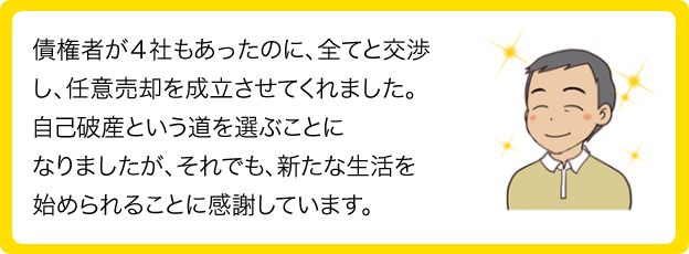 債権者が4社もあったのに、全てと交渉し、任意売却を成立させてくれました。自己破産という道を選ぶことになりましたが、それでも、新たな生活を始められることに感謝しています。